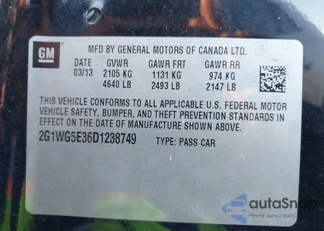 2013 Chevrolet Impala Lt from USA, damaged, VIN 2G1WG5E36D1238749